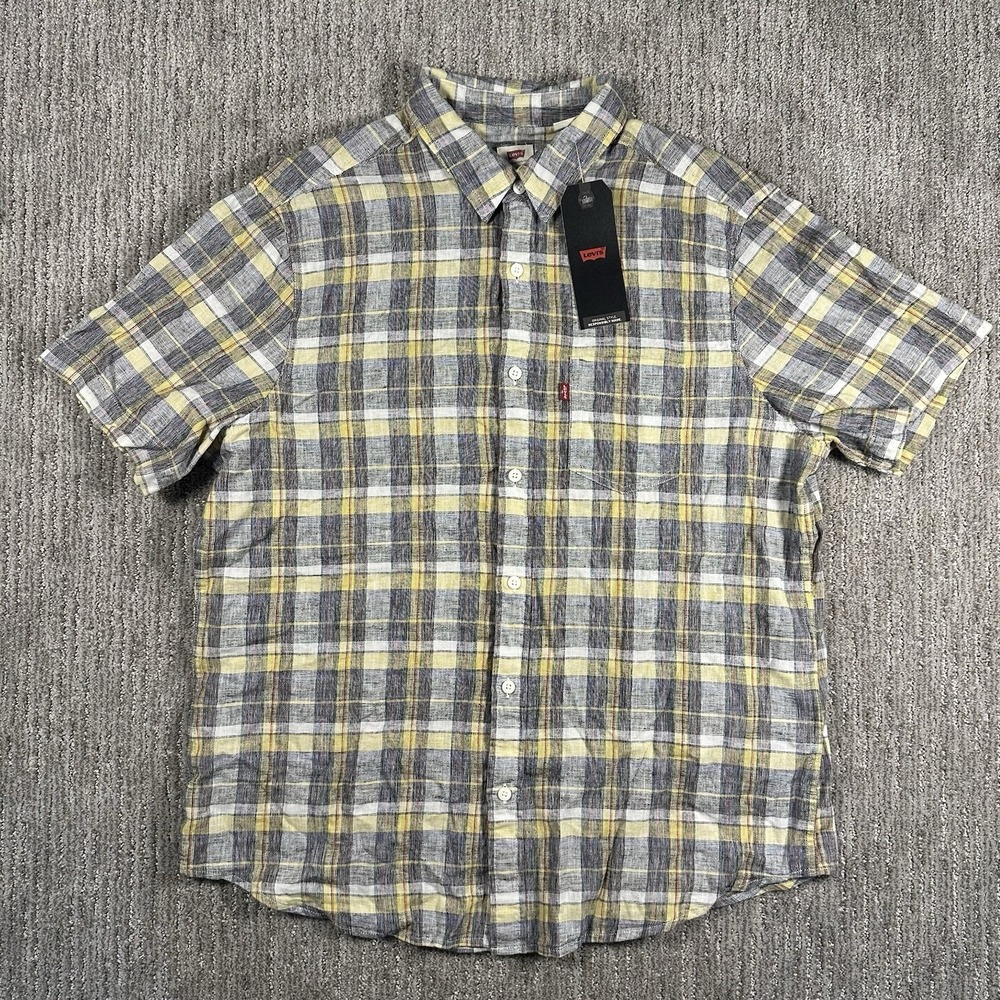 Levis Mens Yellow Button-Up Shirt Large Linen Cotton Short Sleeve Standard NWT